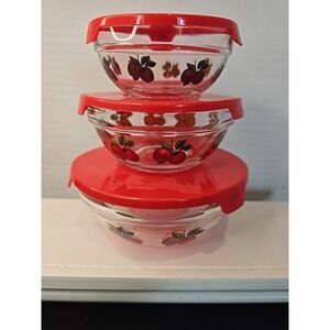 3 Stacking Mini Red Covered Vintage Bowls Apples Glass Heat Resistent Imperiel‎
